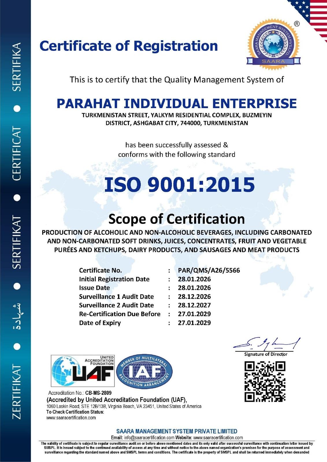 Сертификат ИП "ПАРАХАТ" ISO 9001:2015